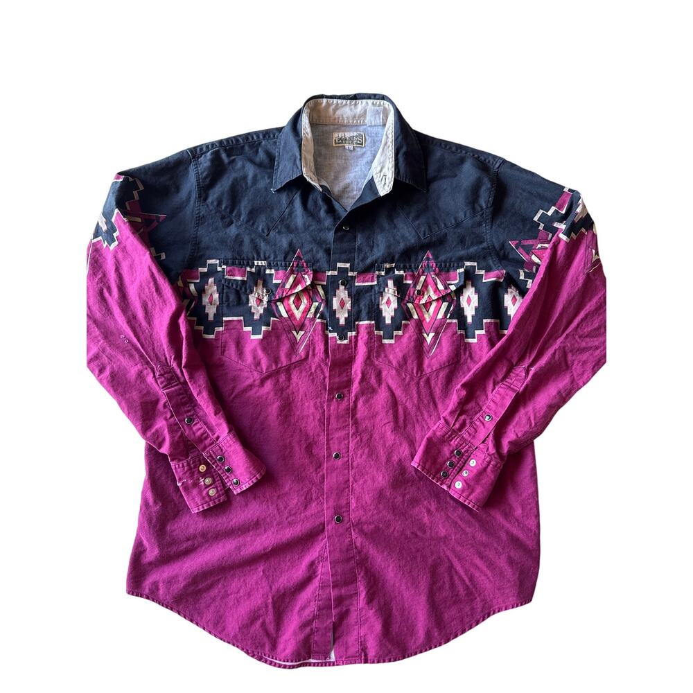 Vintage 90s Express Rider Magenta Southwestern Pearl Snap Shirt L